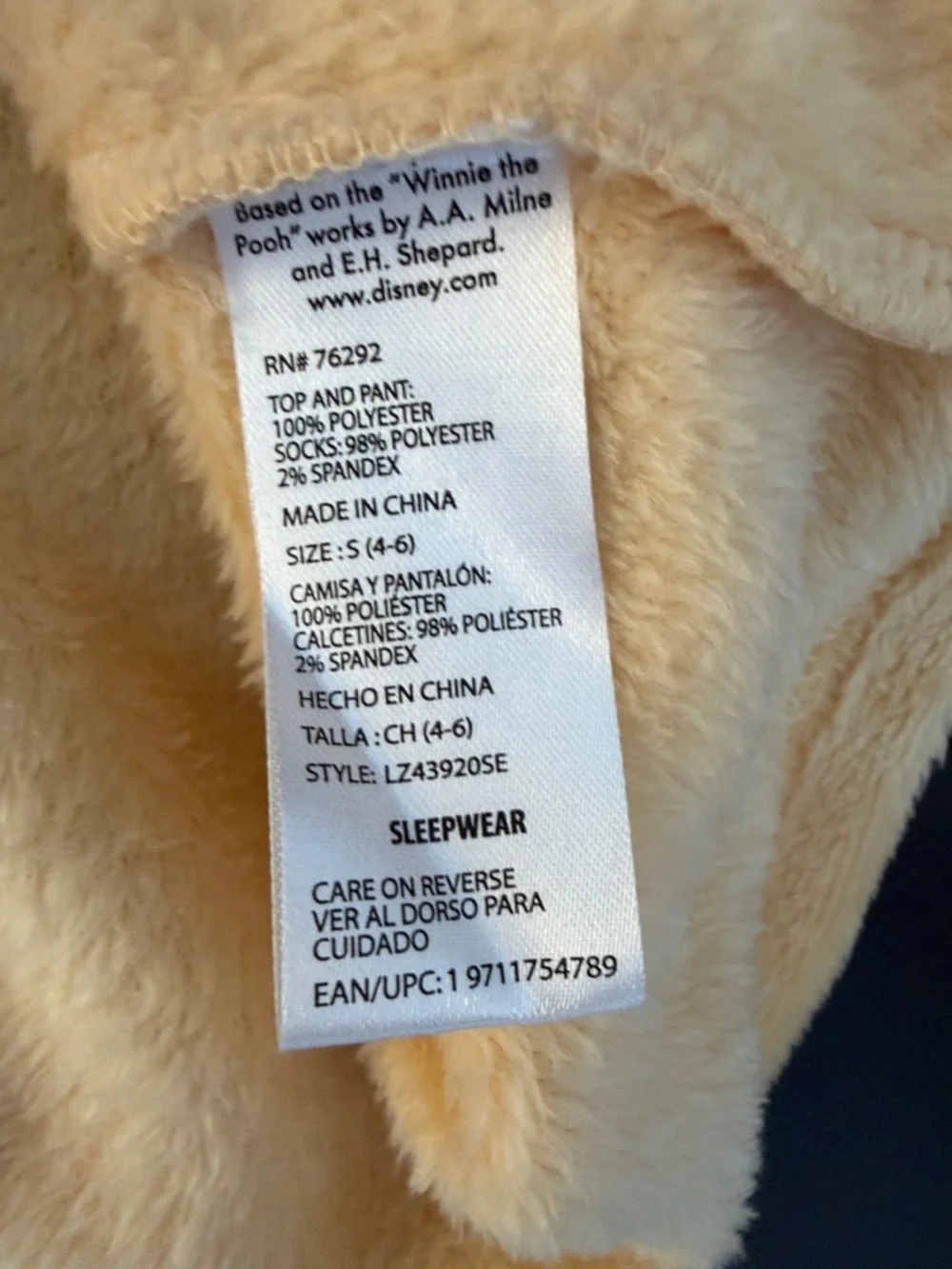 Disney Yellow Winnie the Pooh "Hunny" Plush Pajama Top size small - Picture 9 of 11